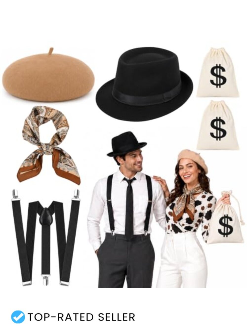 Gangster Couple Costume Accessory Set Fedora Beret Suspenders Scarf Money Bags